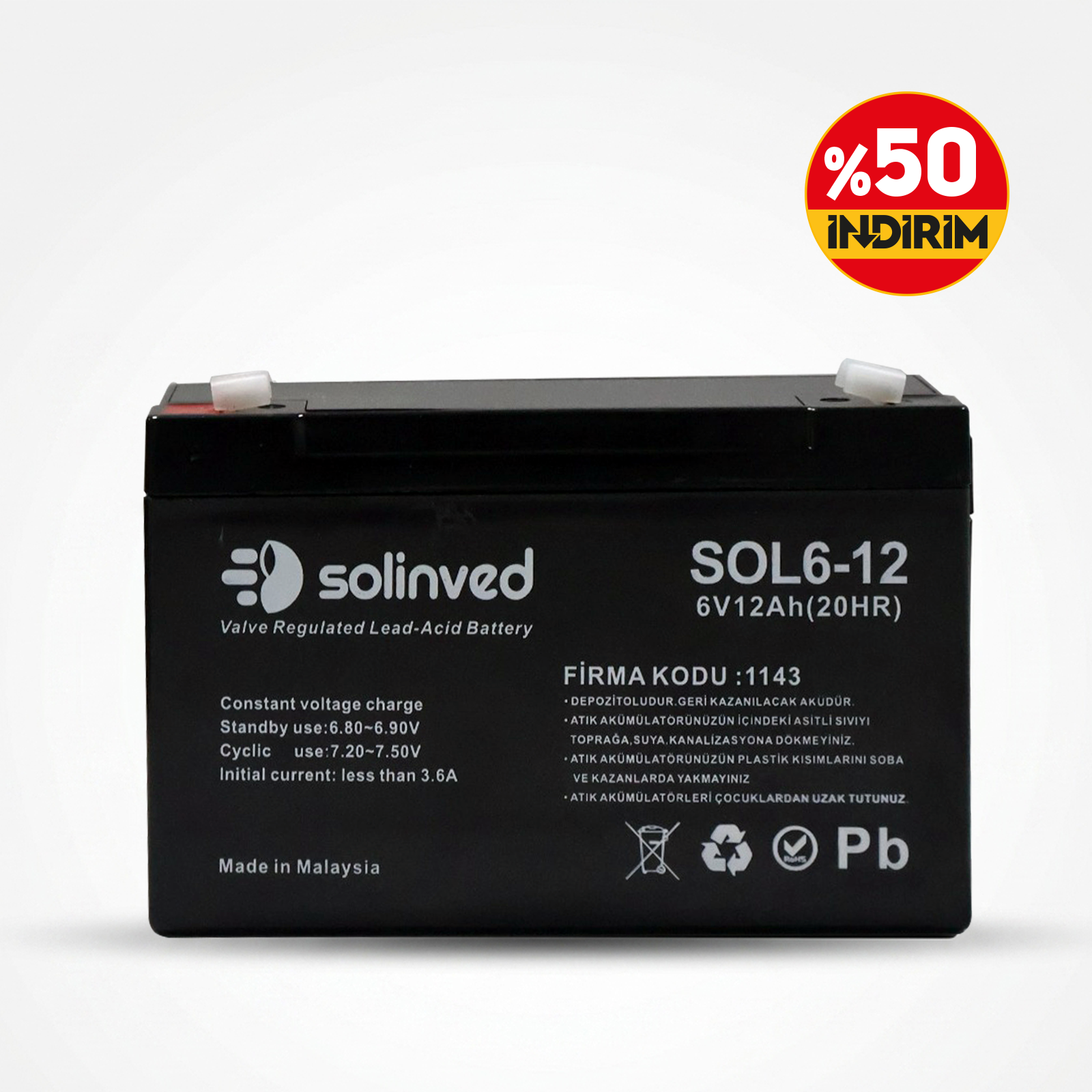 Solinved 6V 12AH Kuru Tip Akü