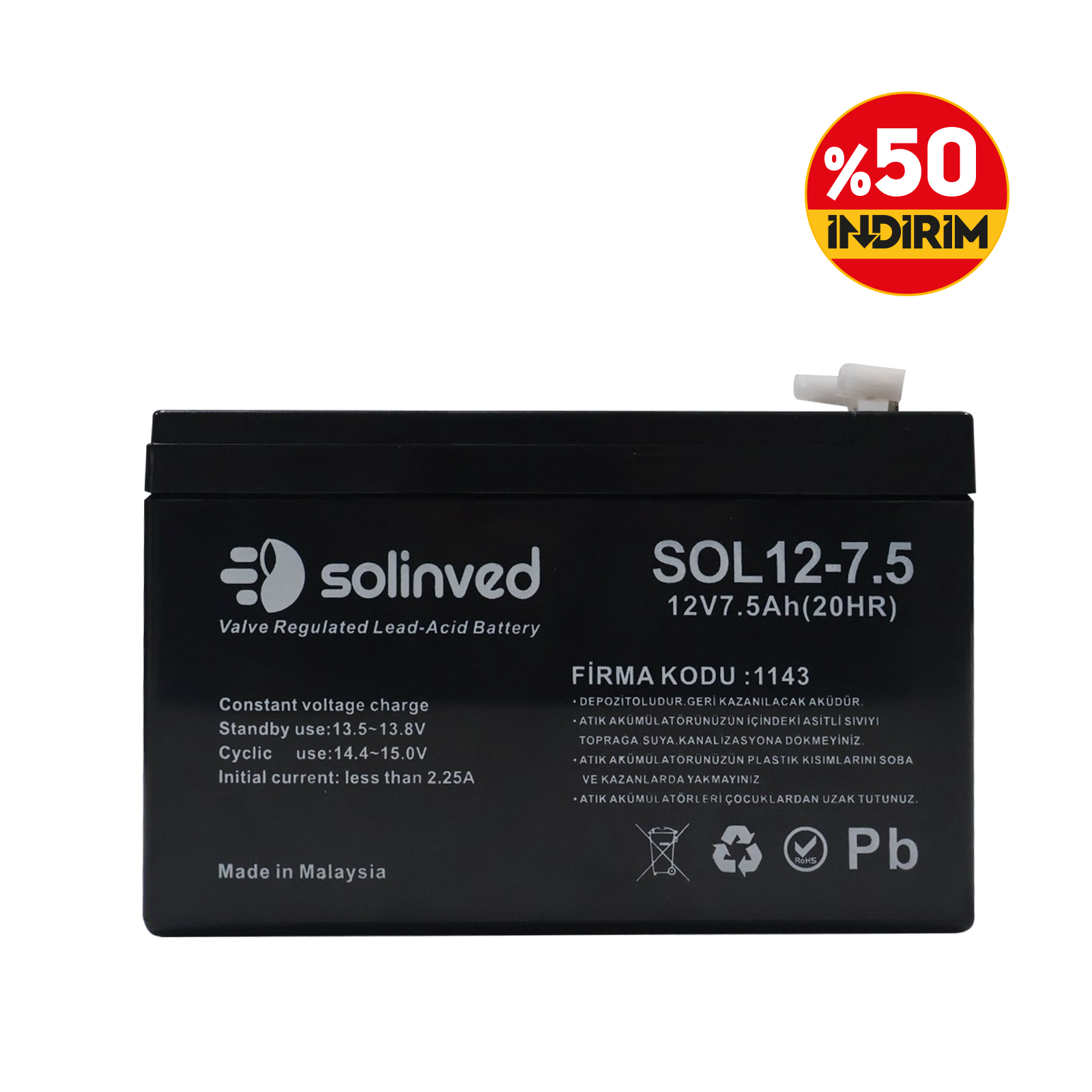 Solinved 12V 7.5AH Kuru Tip Akü