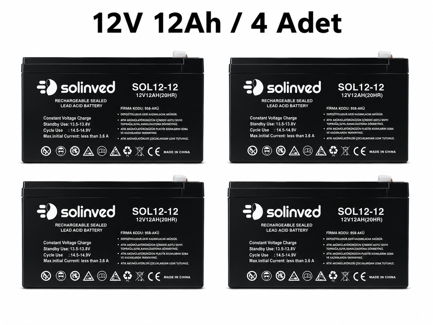 Solinved 12V 12AH UPS ve Alarm Aküsü 4'lü Paket