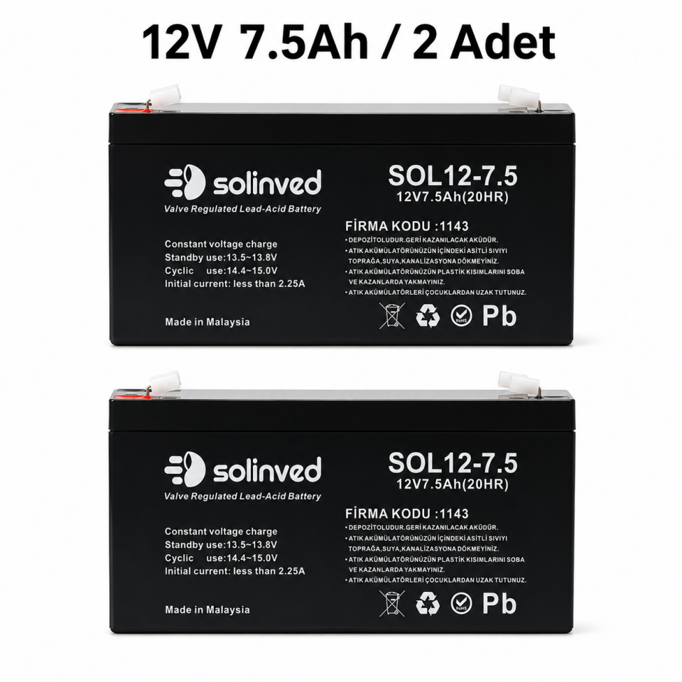 Solinved 12V 7.5AH Kuru Tip Akü 2’li Paket