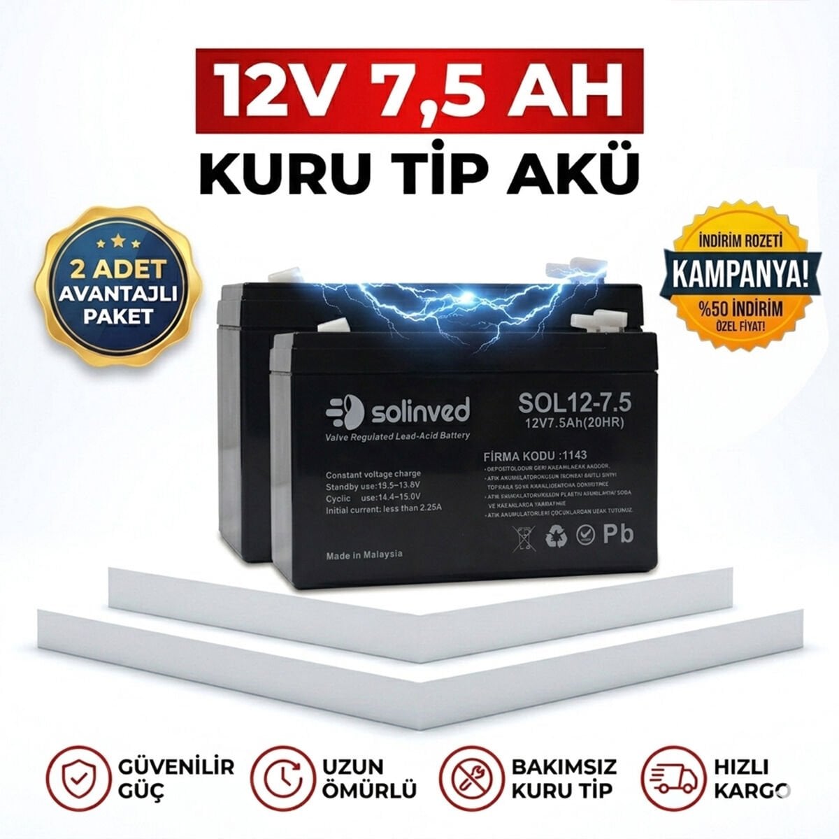 Solinved 12V 7.5AH Kuru Tip Akü 2’li Paket