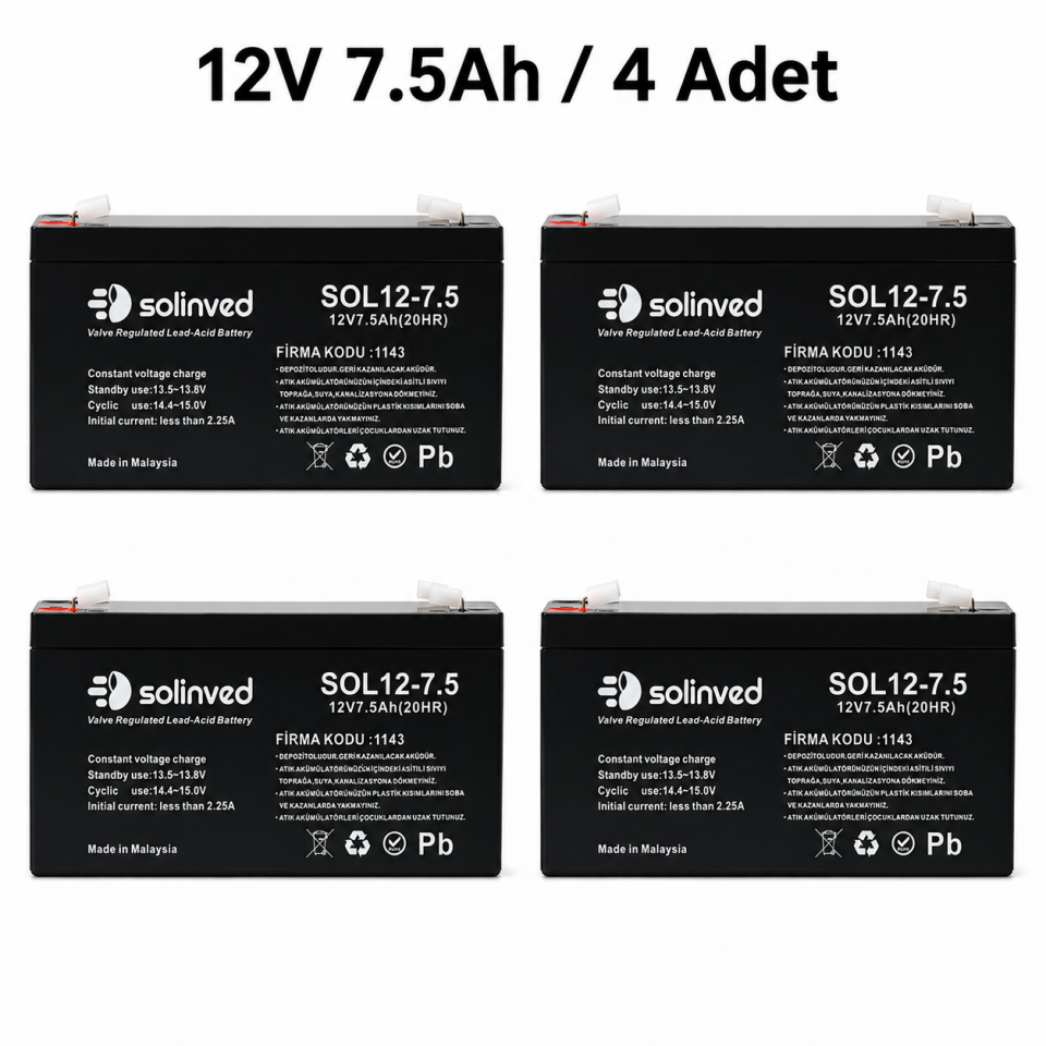 Solinved 12V 7.5AH Kuru Tip Akü 4’lü Paket