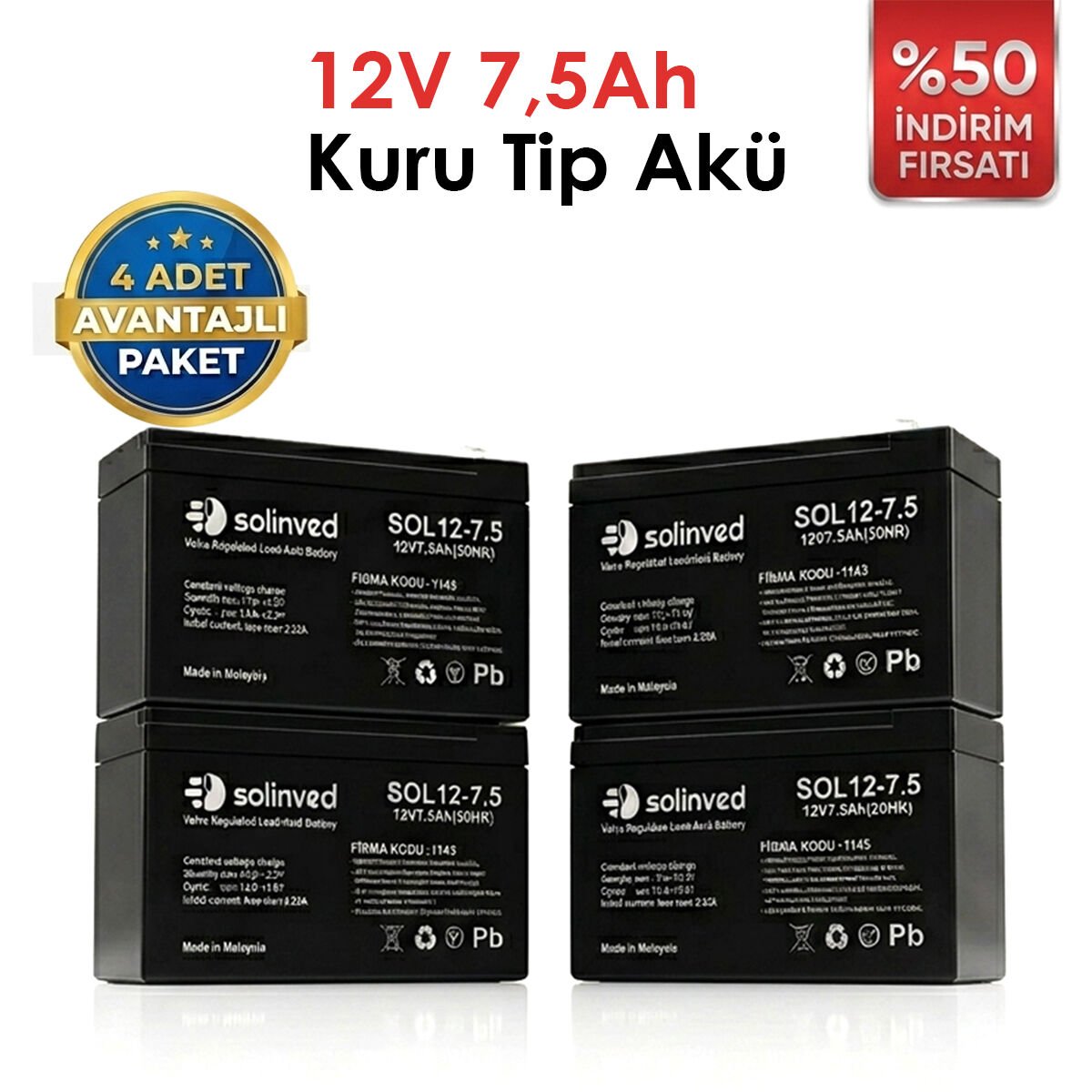 Solinved 12V 7.5AH Kuru Tip Akü 4’lü Paket