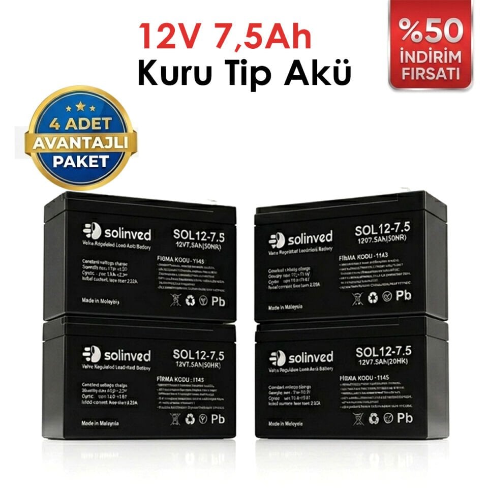 Solinved 12V 7.5AH Kuru Tip Akü 4’lü Paket
