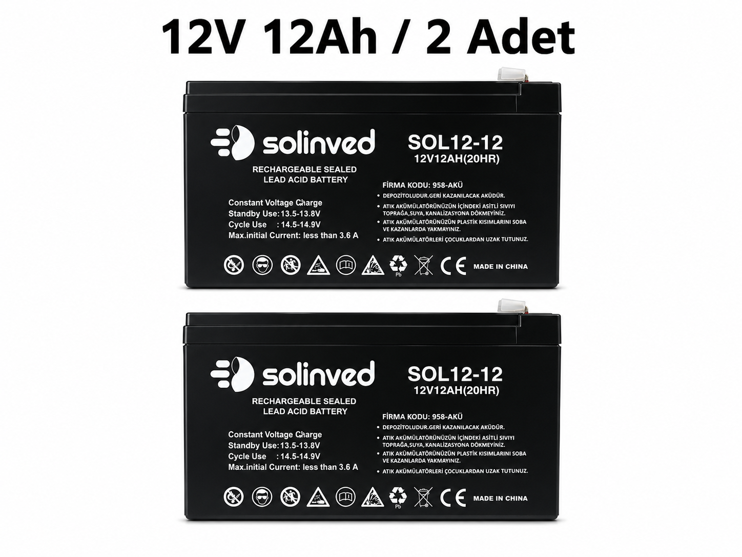 Solinved 12V 12AH Kuru Tip Akü (2 Adet)