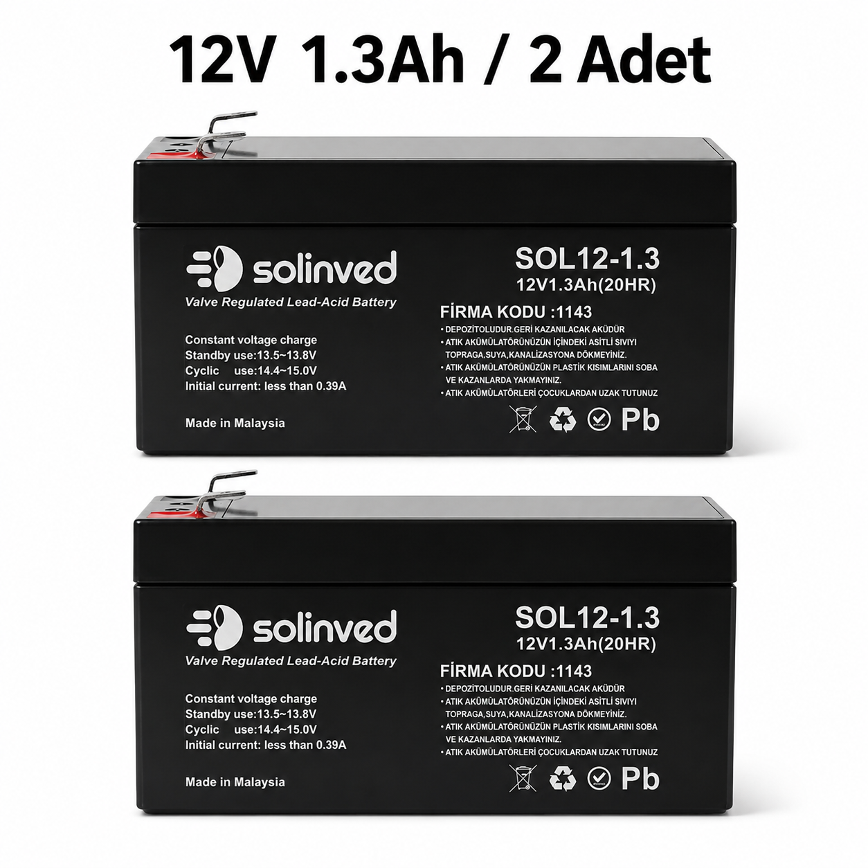 Solinved 12V 1.3AH Kuru Tip Akü (2 Adet)