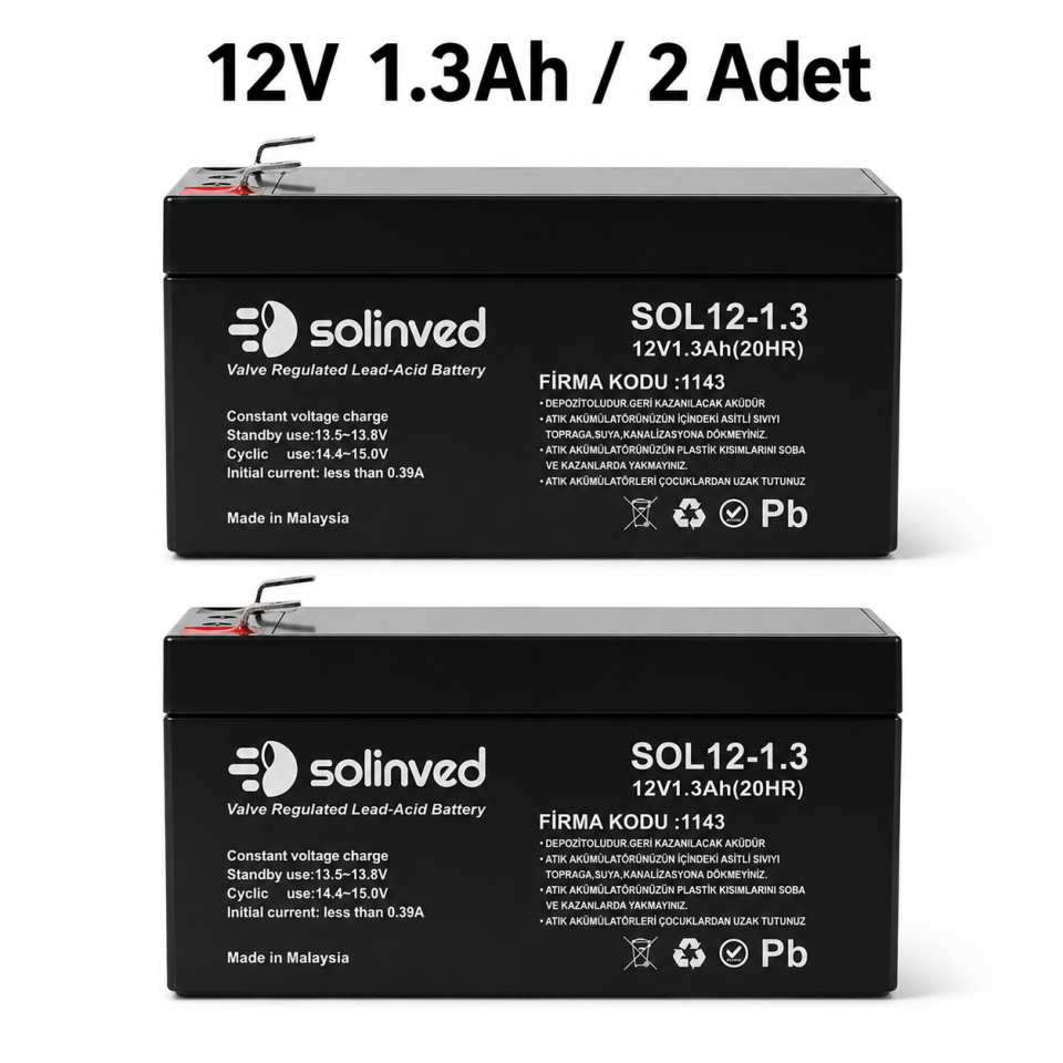 Solinved 12V 1.3AH Kuru Tip Akü (2 Adet)