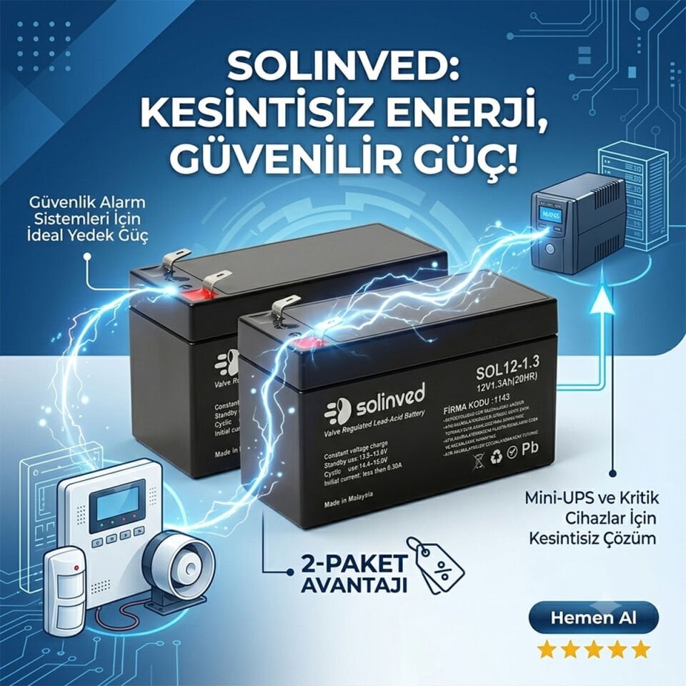 Solinved 12V 1.3Ah Kuru Tip Akü 2 Adet