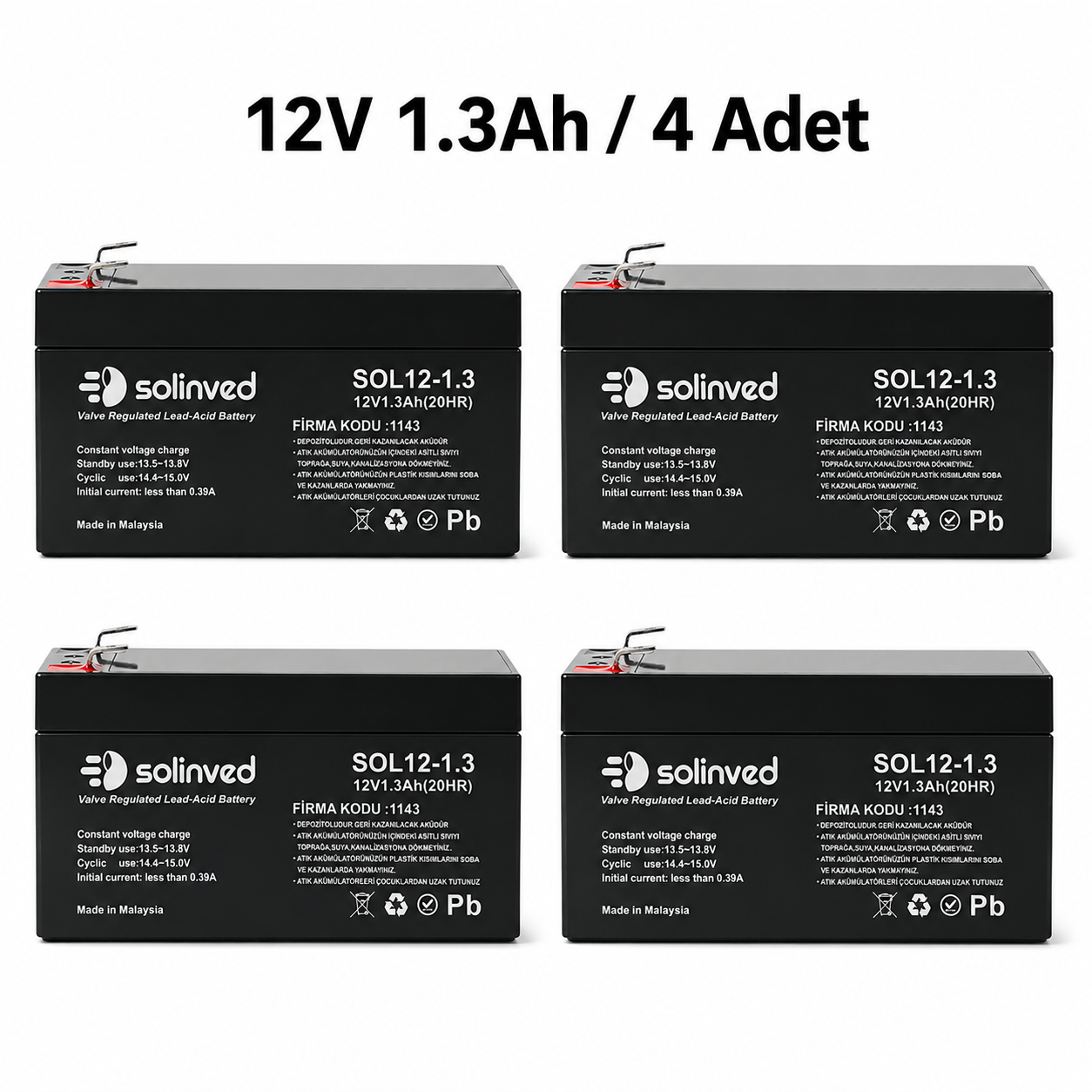 Solinved 12V 1.3AH Kuru Tip Akü (4 Adet)