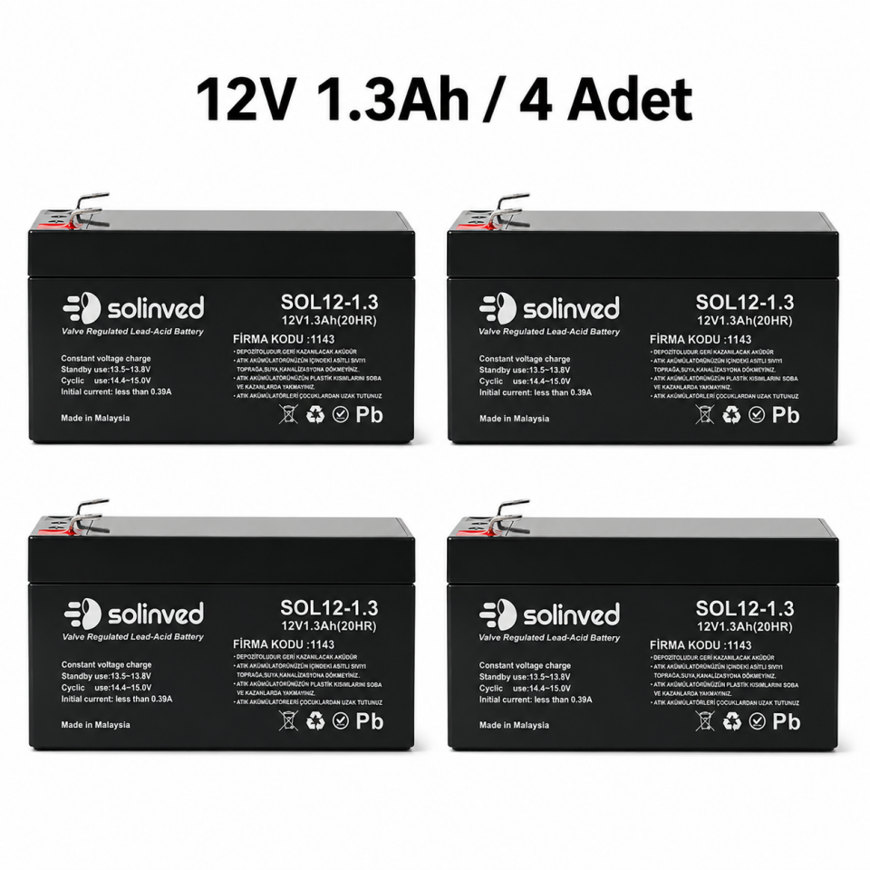 Solinved 12V 1.3AH Kuru Tip Akü (4 Adet)