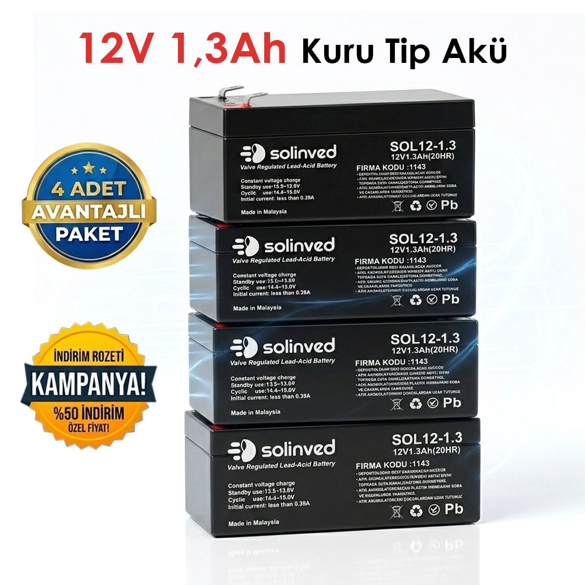 Solinved 12V 1.3Ah Kuru Tip Akü 4 Adet