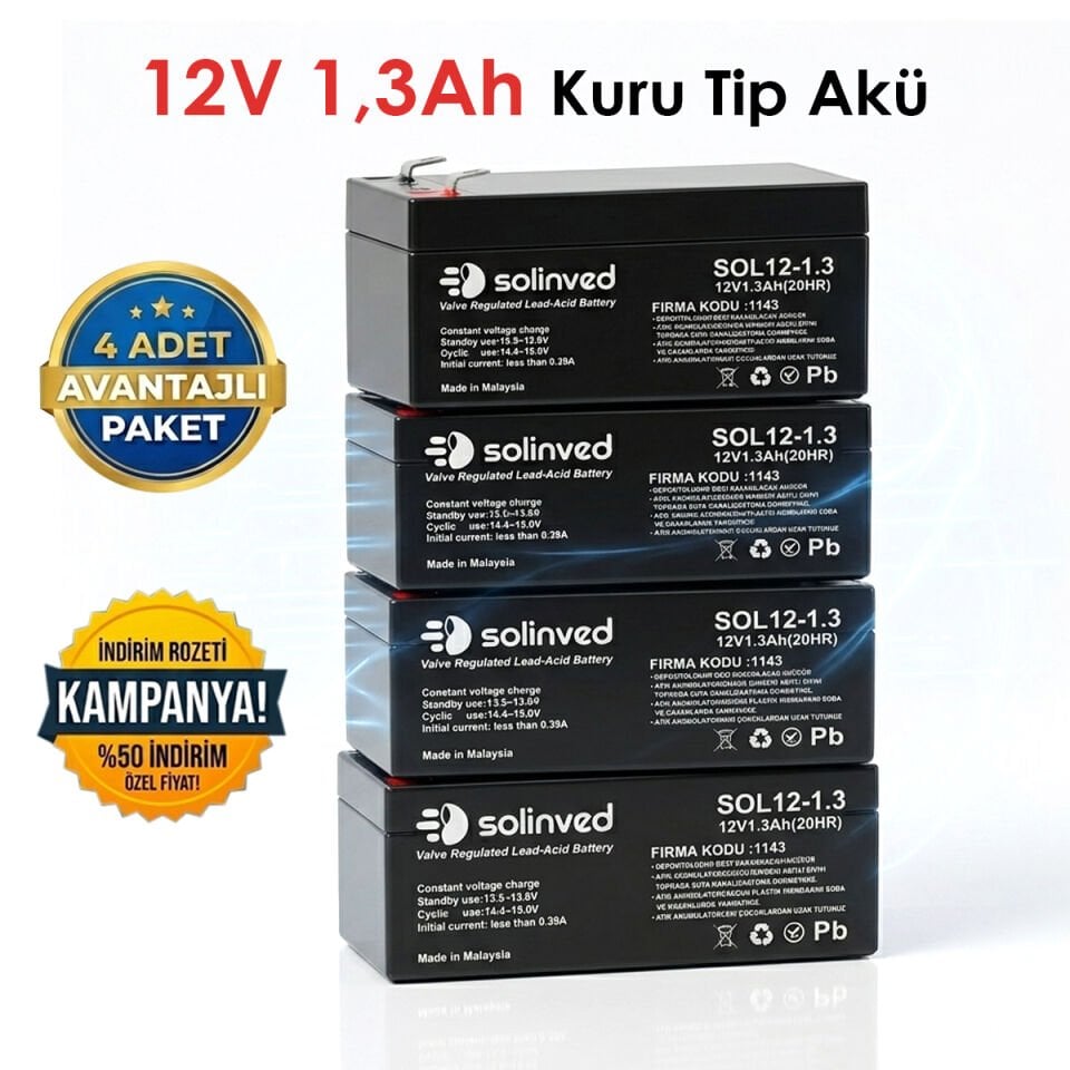 Solinved 12V 1.3Ah Kuru Tip Akü 4 Adet