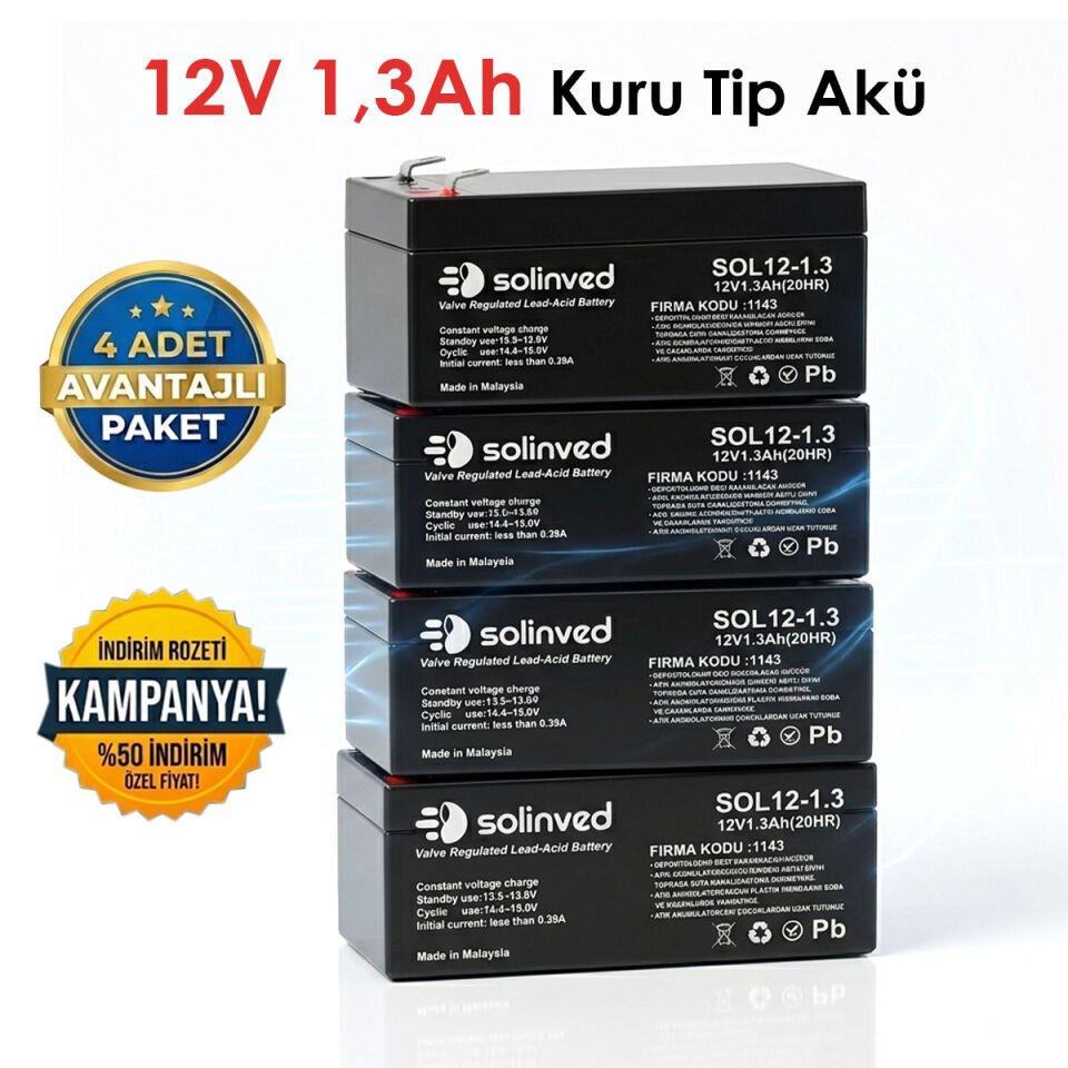 Solinved 12V 1.3Ah Kuru Tip Akü 4 Adet
