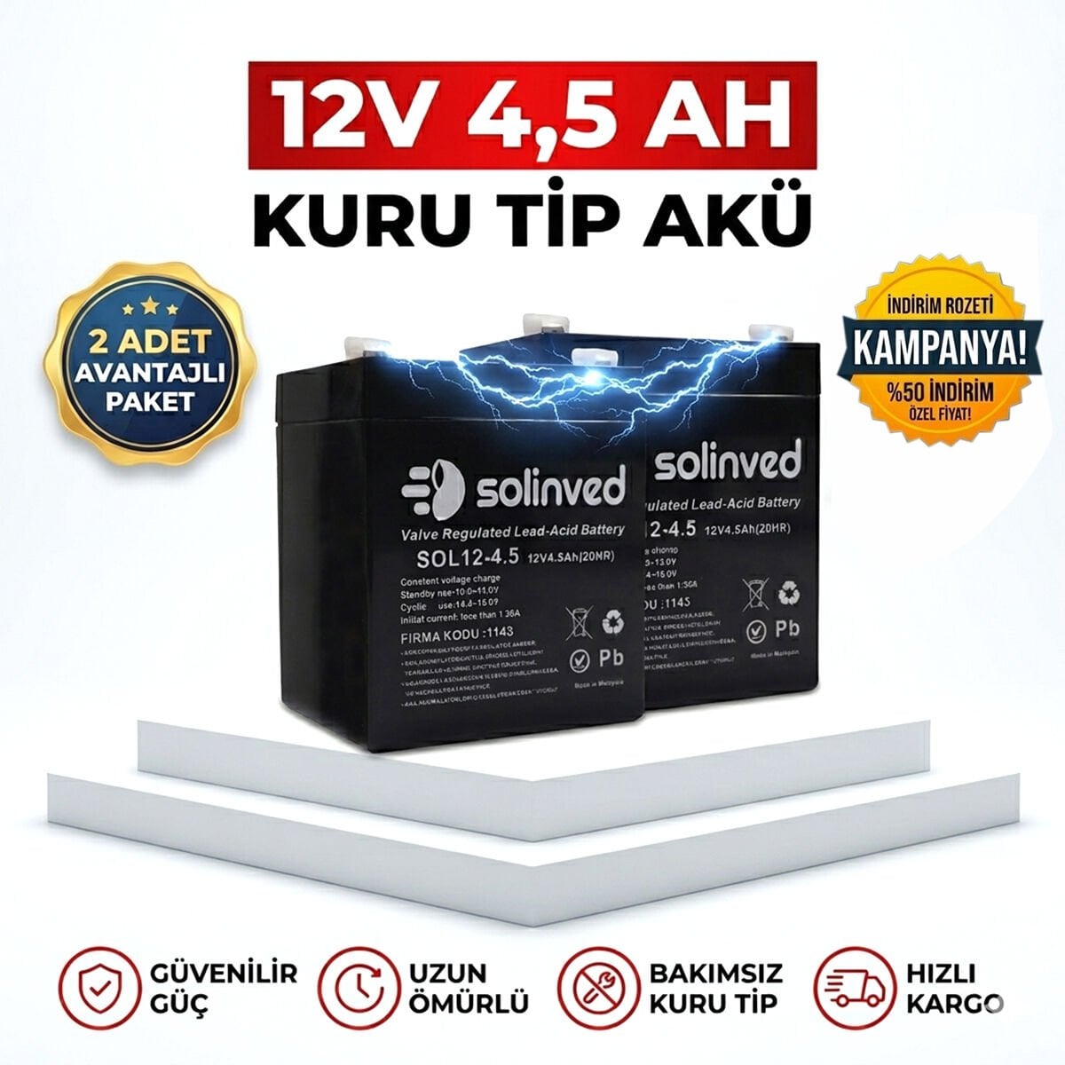 Solinved 12V 4.5Ah Kuru Tip Akü 2’li Paket