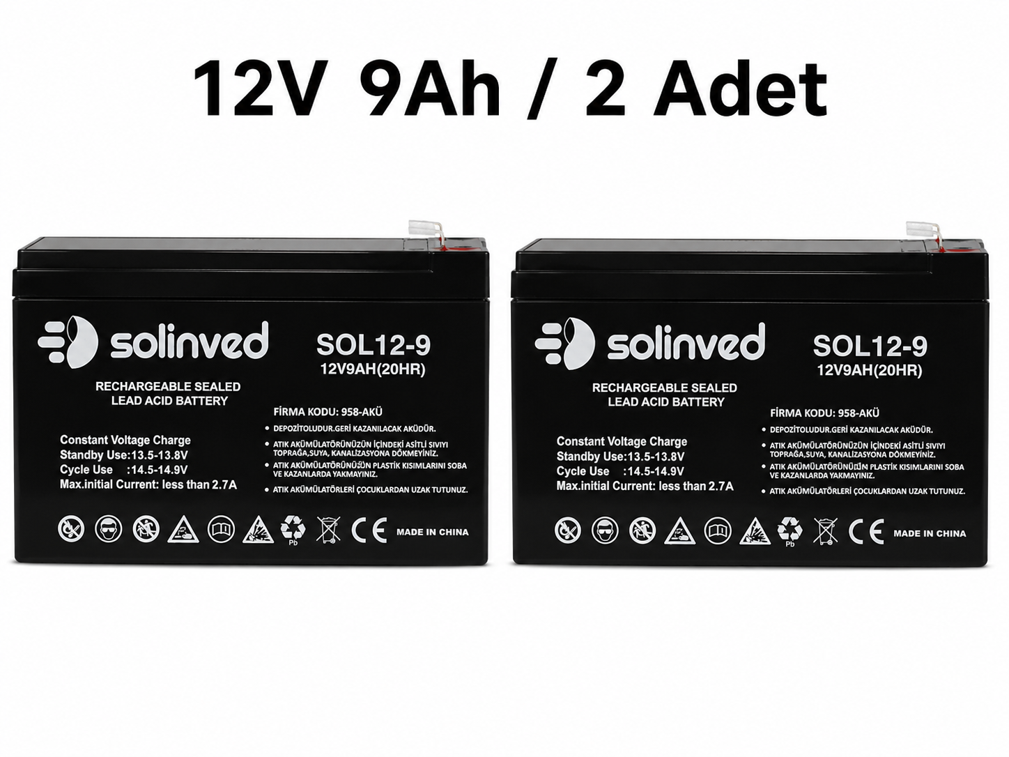 Solinved 12V 9AH Kuru Tip Akü (2 Adet)