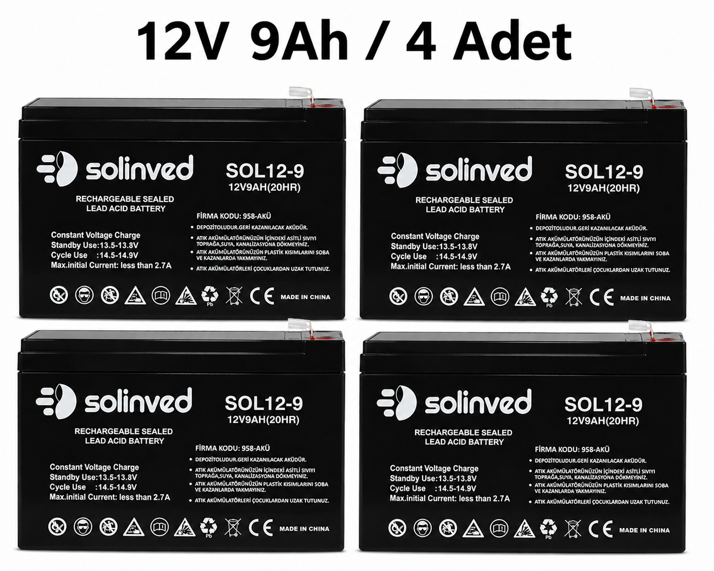 Solinved 12V 9AH Kuru Tip Akü (4 Adet)