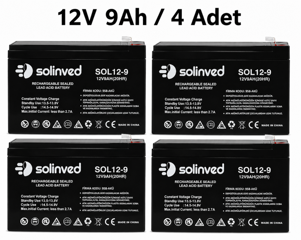Solinved 12V 9AH Kuru Tip Akü (4 Adet)
