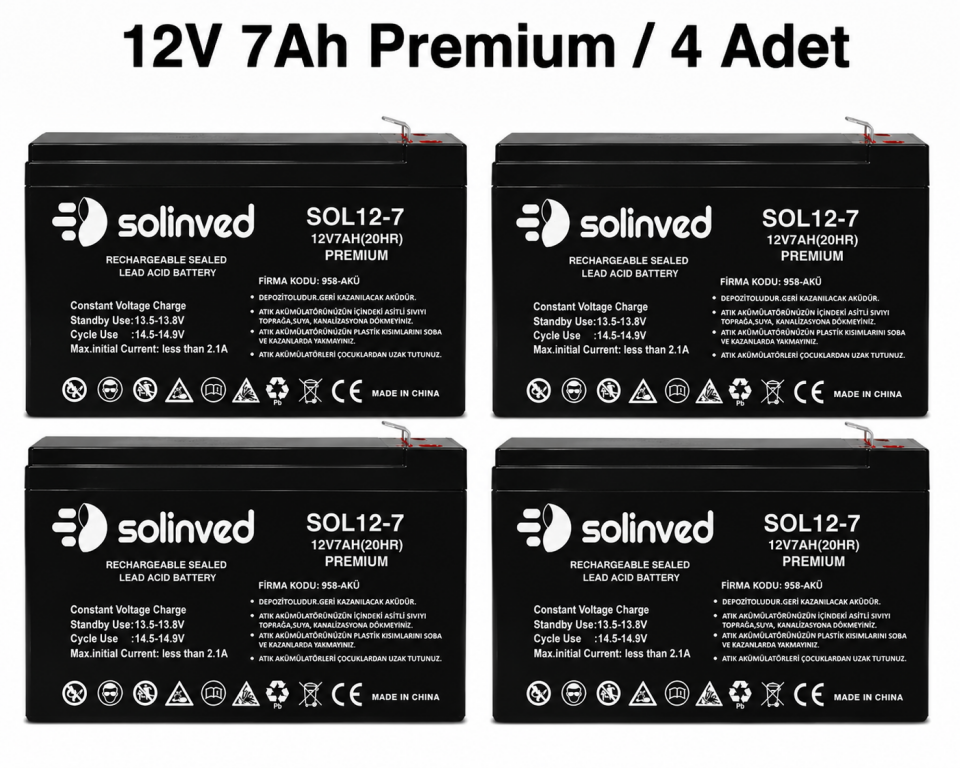 Solinved 12V 7AH Premium Kuru Tip Akü 4'lü Paket
