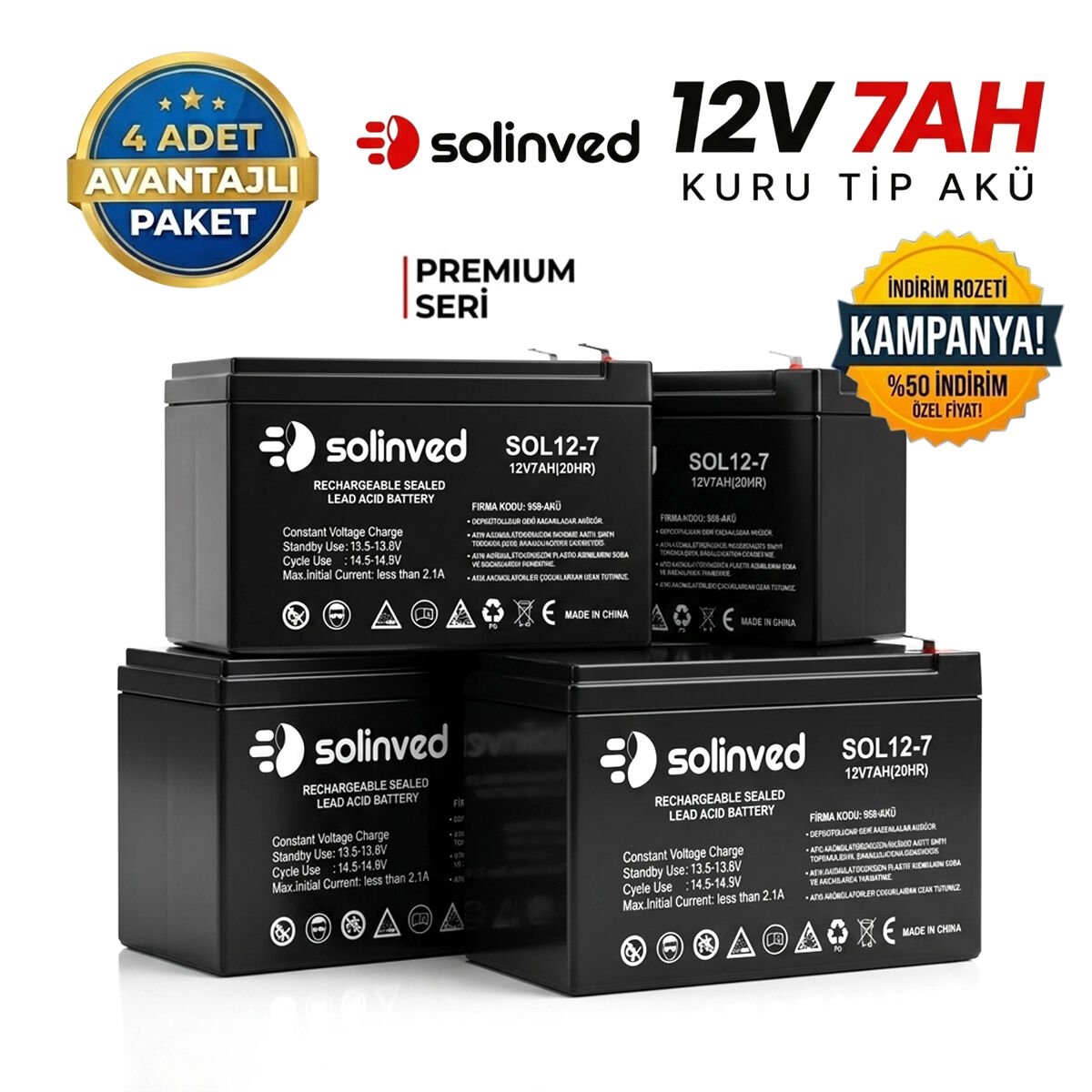 Solinved 12V 7AH Premium Kuru Tip Akü 4'lü Paket