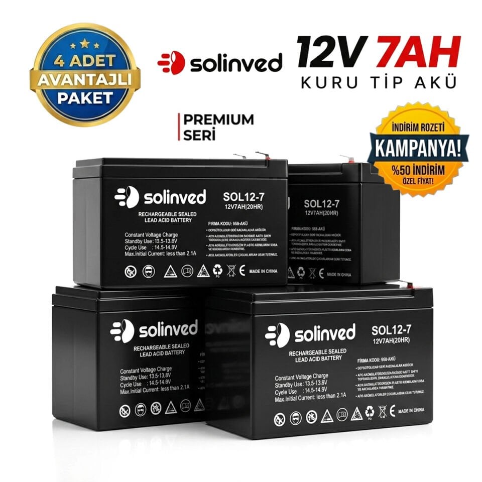 Solinved 12V 7AH Premium Kuru Tip Akü 4'lü Paket