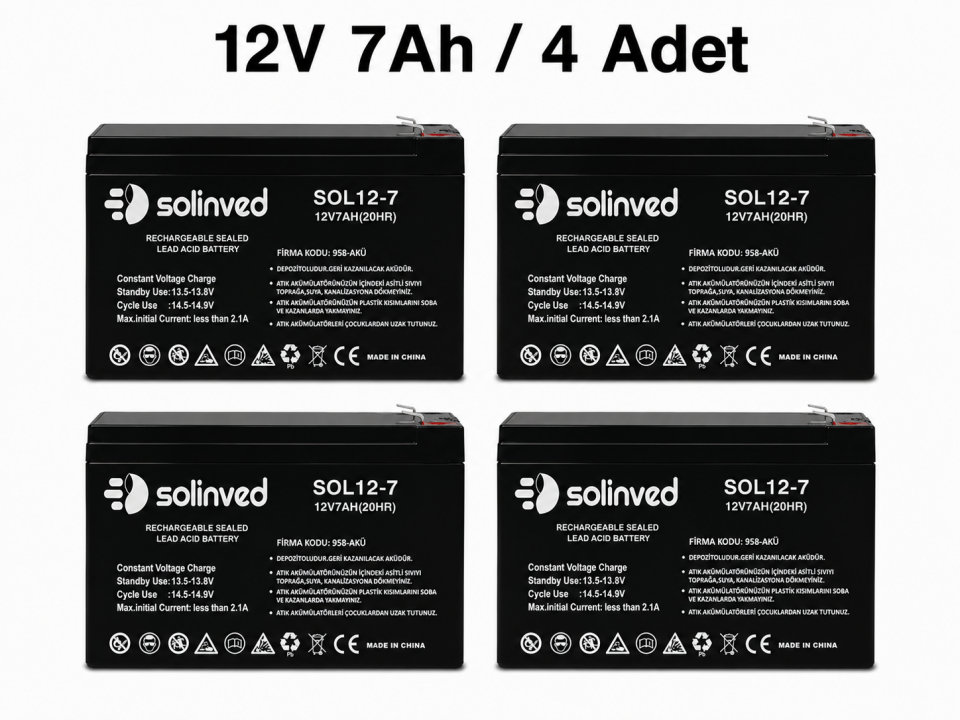 Solinved 12V 7AH Kuru Tip Akü 4’lü Paket