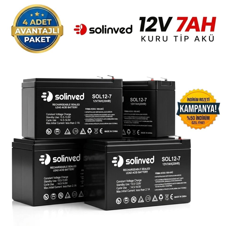 Solinved 12V 7AH Kuru Tip Akü 4’lü Paket
