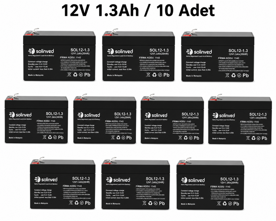 Solinved 12V 1.3AH Kuru Tip Akü (10 Adet)