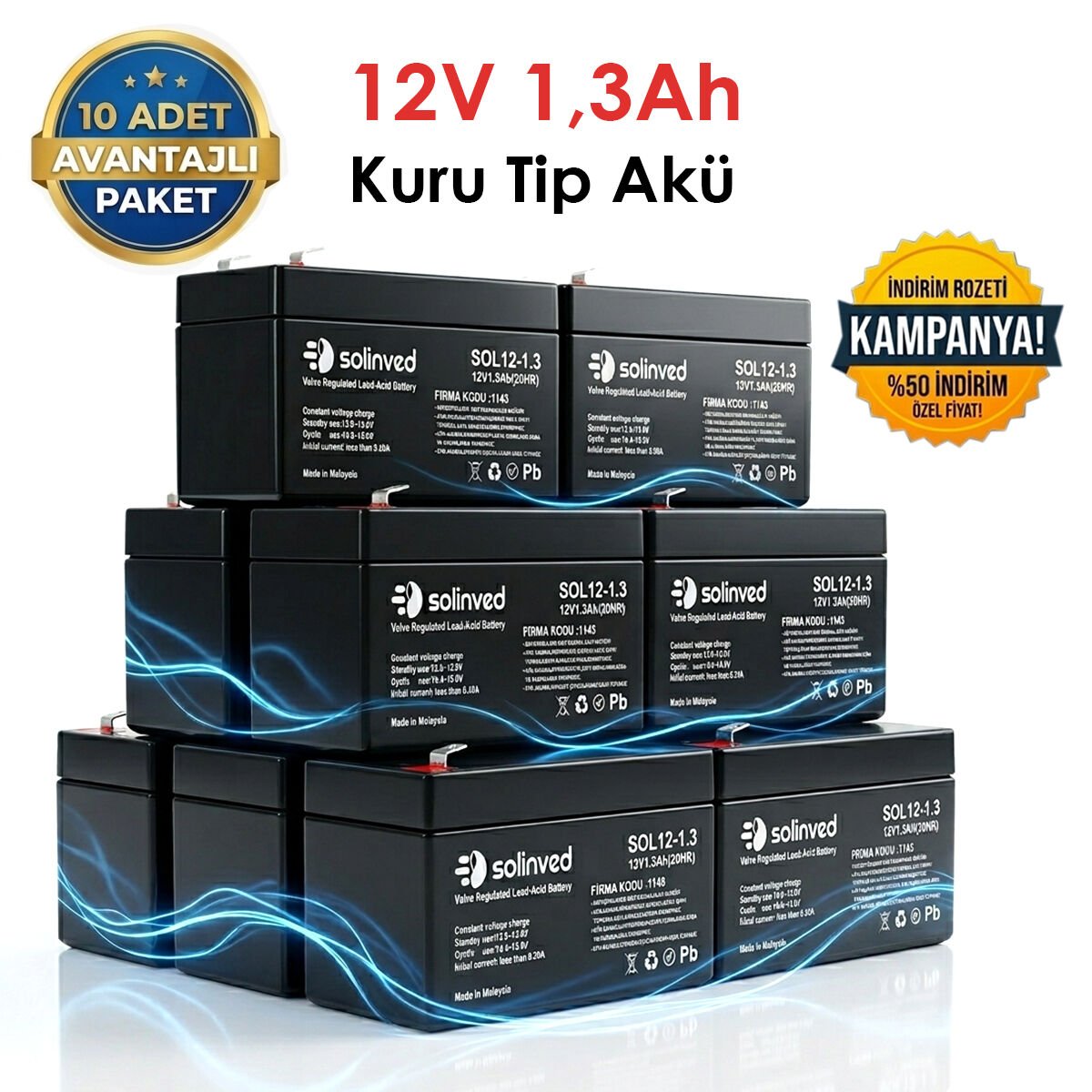 Solinved 12V 1.3 Ah Kuru Tip Akü 10 Adet