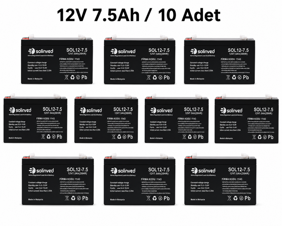 Solinved 12V 7.5AH Kuru Tip Akü 10’lu Paket