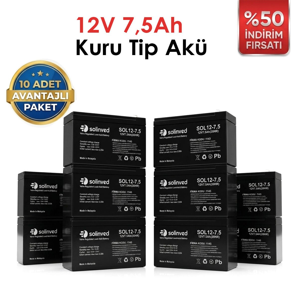 Solinved 12V 7.5AH Kuru Tip Akü 10’lu Paket