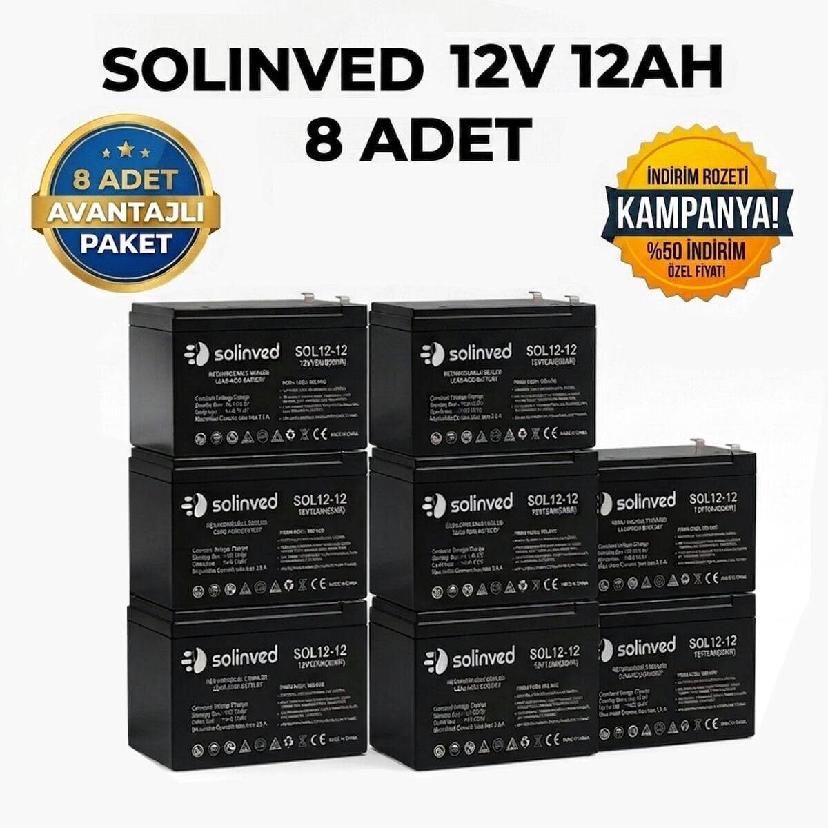 Solinved 12V 12AH Kuru Tip Akü 8 Adet