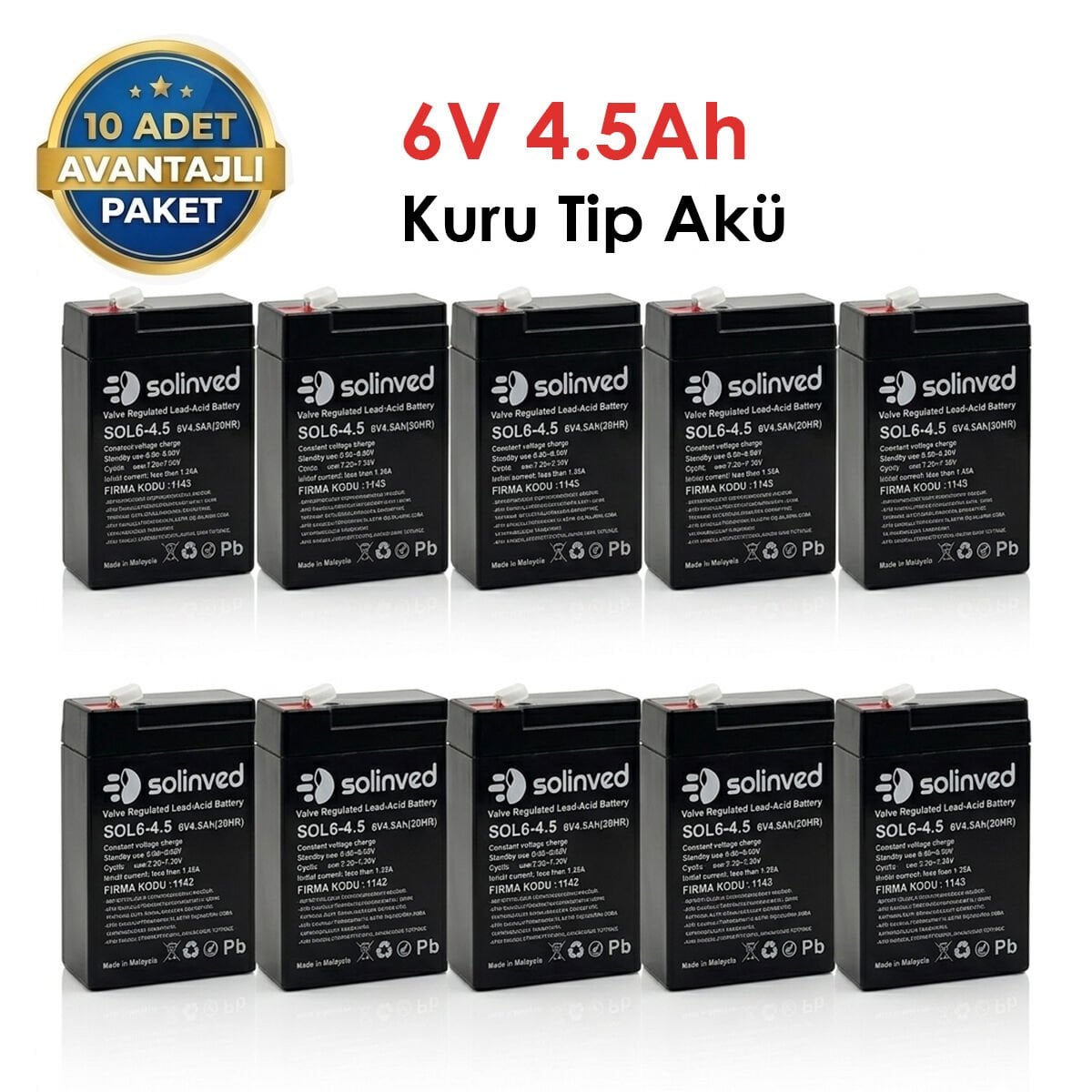 Solinved 6V 4.5Ah Kuru Tip Akü 10 Adet