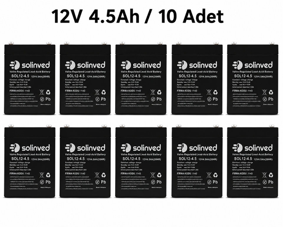 Solinved 12V 4.5Ah Kuru Tip Akü 10’lu Paket | Bakımsız VRLA Akü