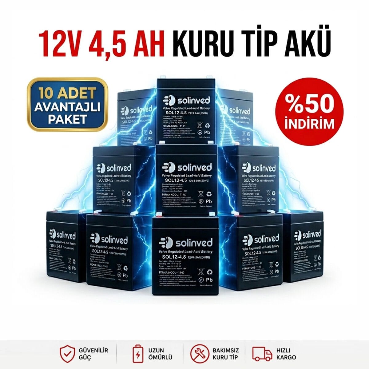 Solinved 12V 4.5Ah Kuru Tip Akü 10’lu Paket | Bakımsız VRLA Akü