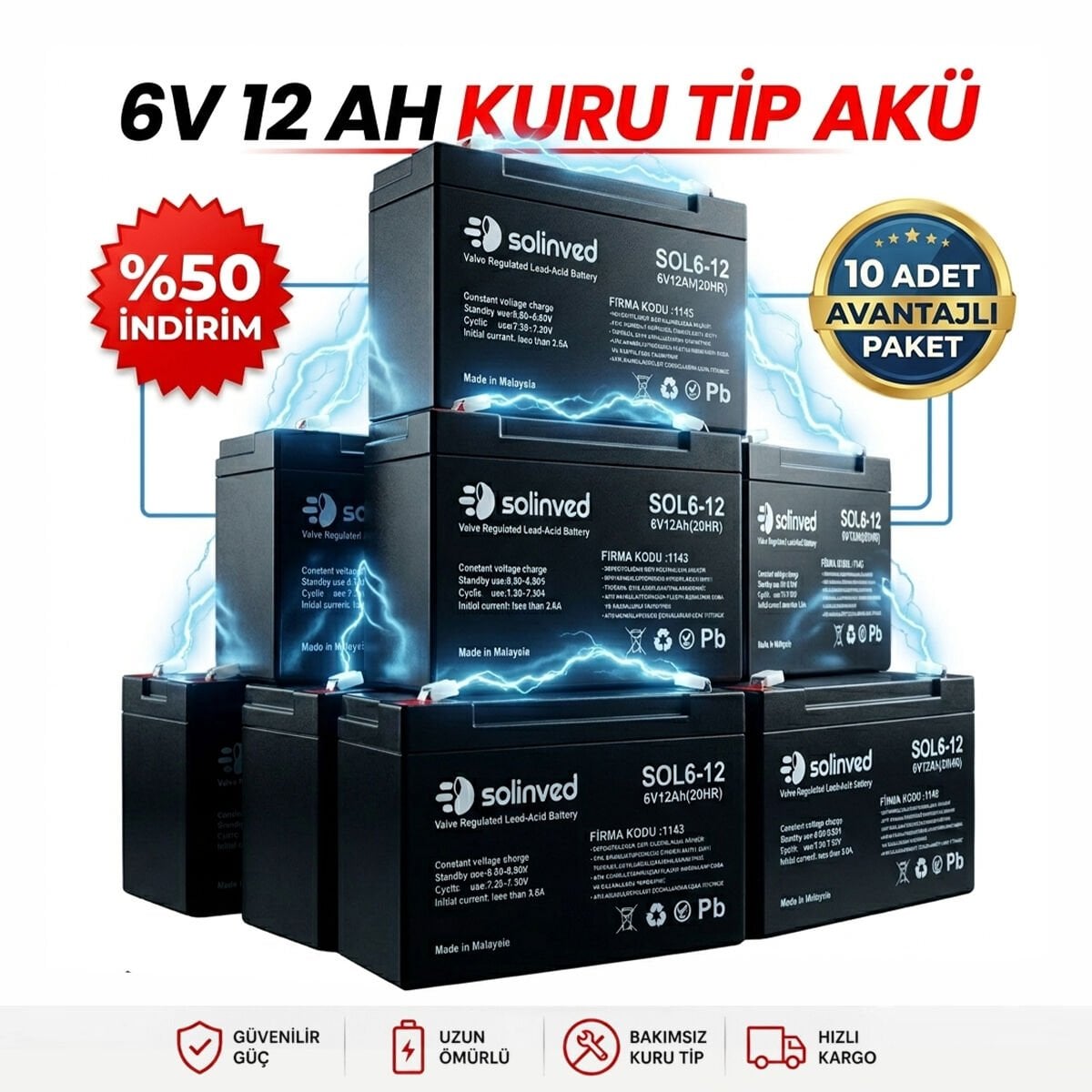 Solinved 6V 12Ah Kuru Tip Akü 10’lu Paket