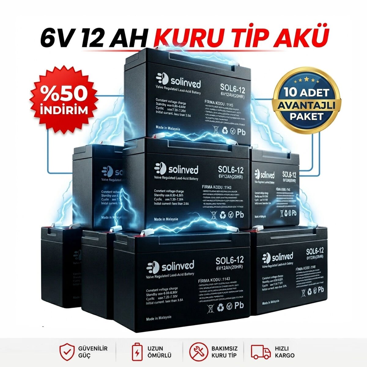 Solinved 6V 12Ah Kuru Tip Akü 10’lu Paket