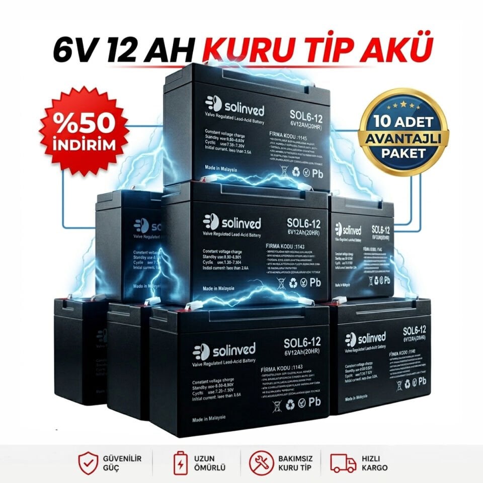 Solinved 6V 12Ah Kuru Tip Akü 10’lu Paket