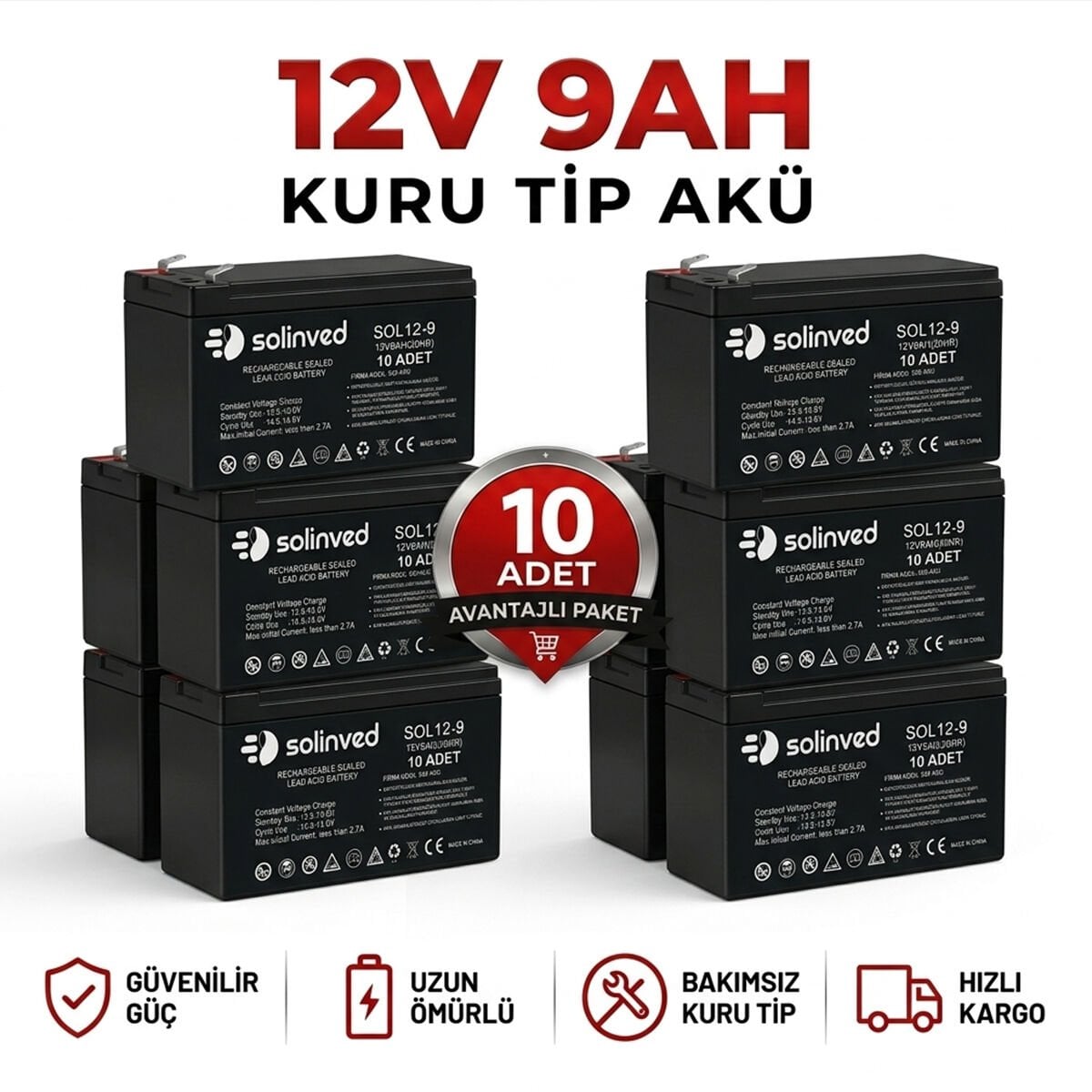 Solinved 12V 9Ah Kuru Tip Akü 10’lu Paket