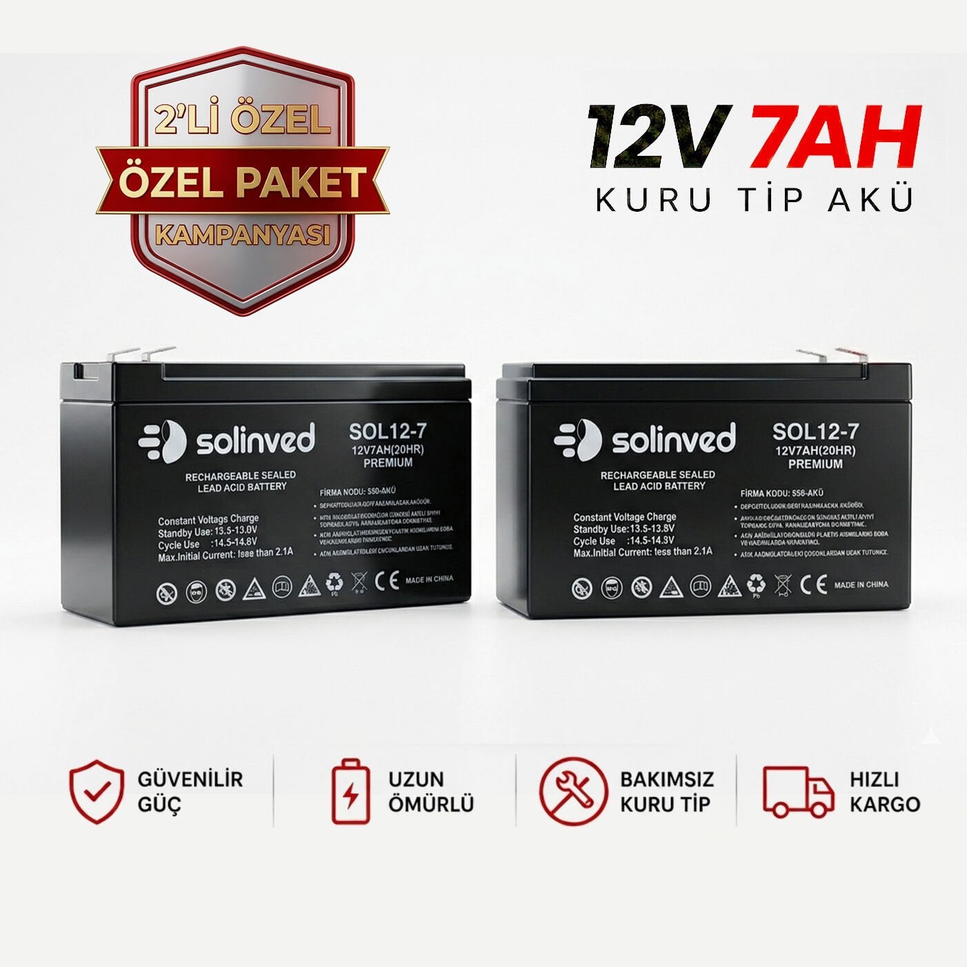 Solinved 12V 7Ah Premium Kuru Tip Akü 2’li Paket