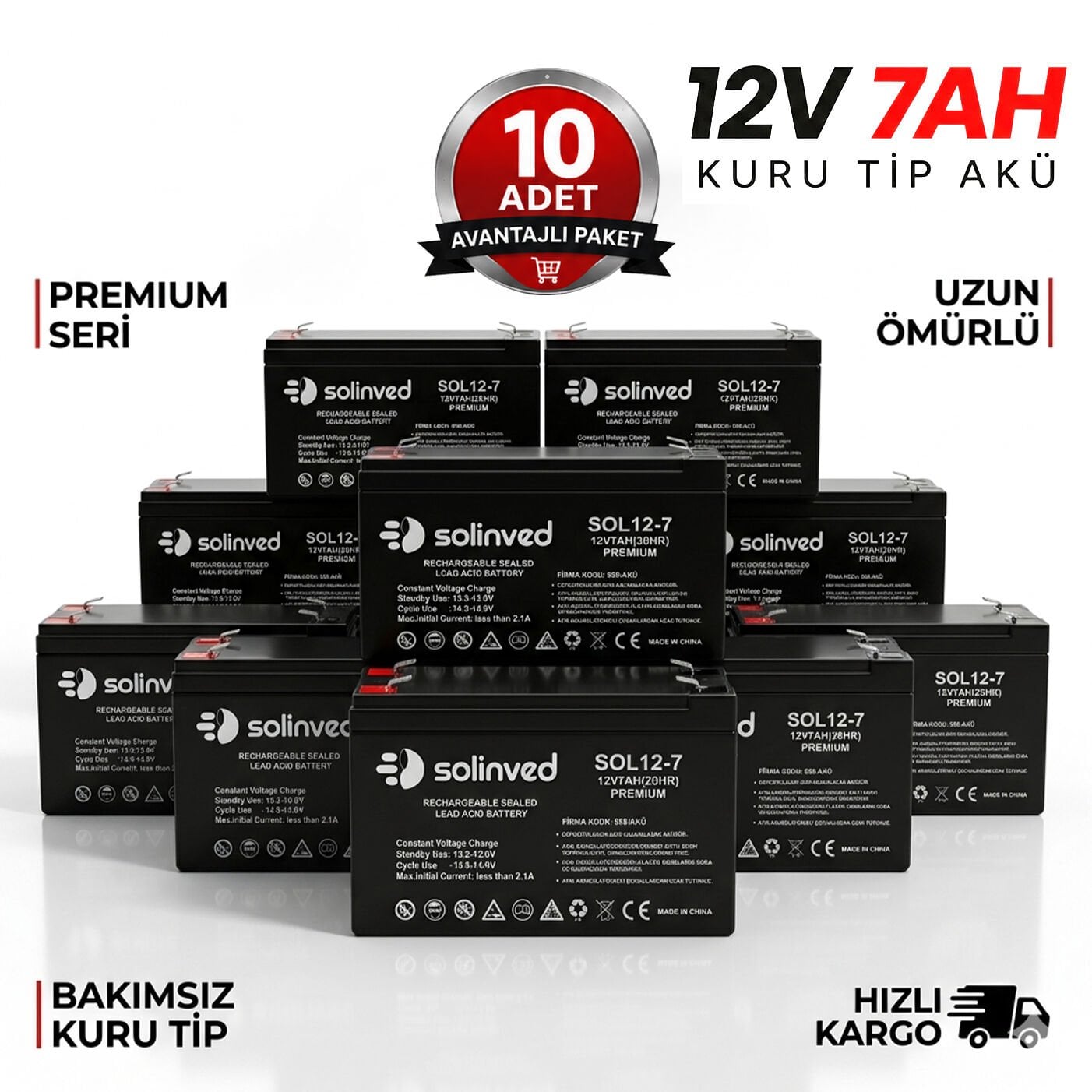 Solinved 12V 7Ah Premium Kuru Tip Akü 10’lu Paket