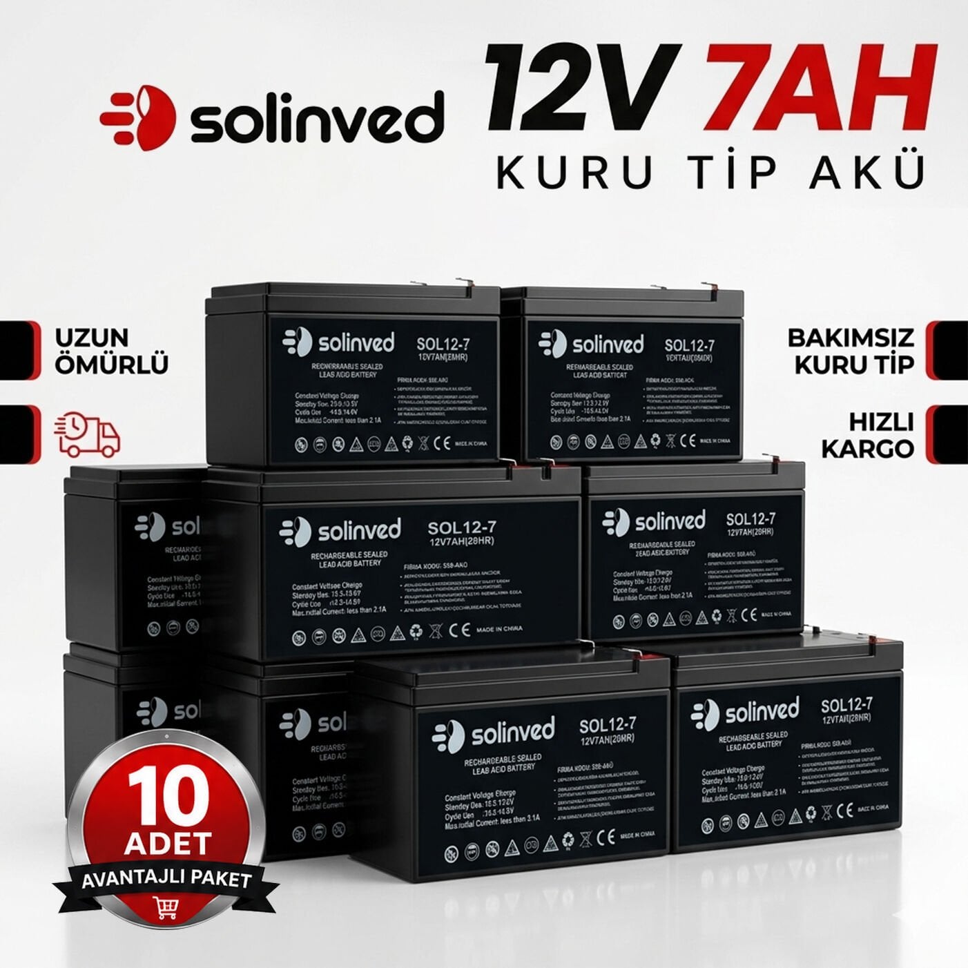 Solinved 12V 7Ah Kuru Tip Akü 10’lu Paket
