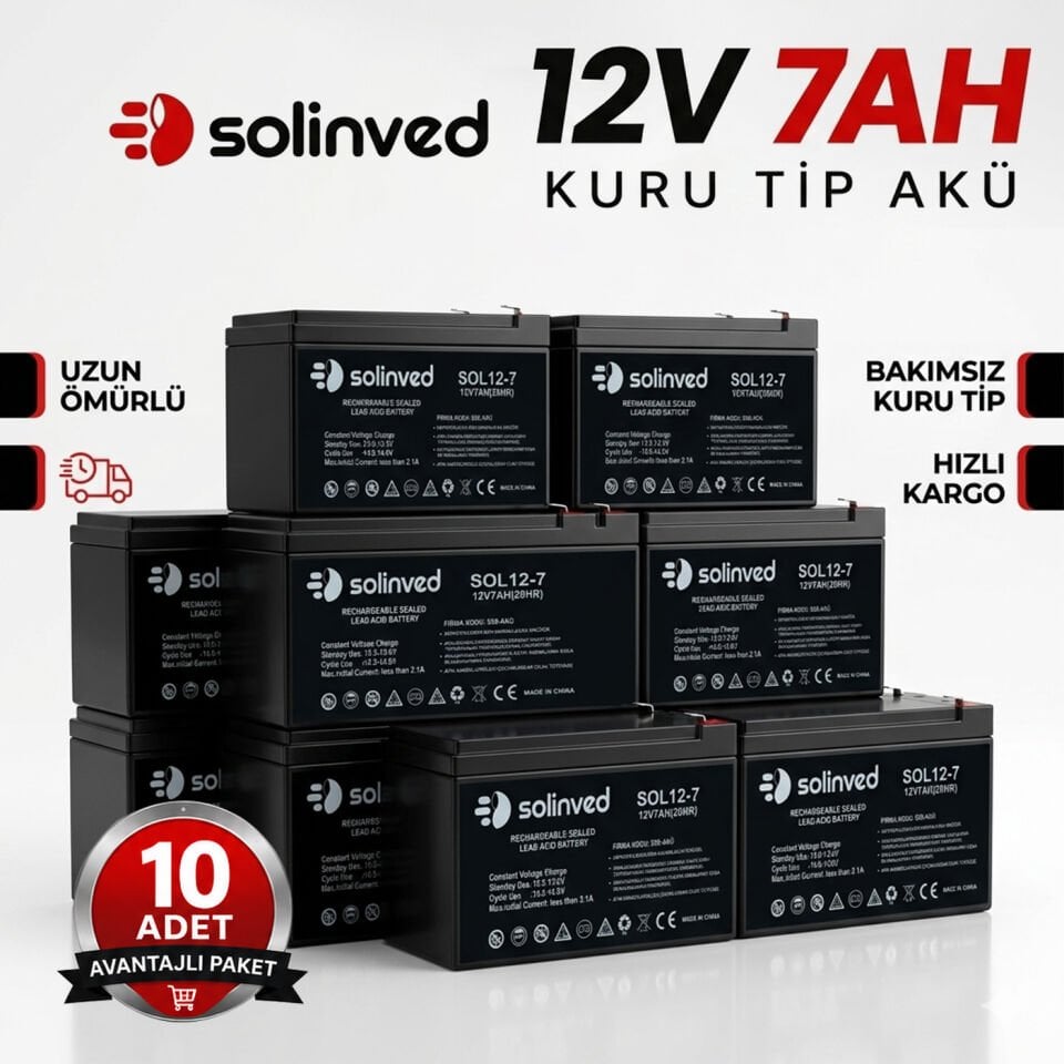 Solinved 12V 7Ah Kuru Tip Akü 10’lu Paket