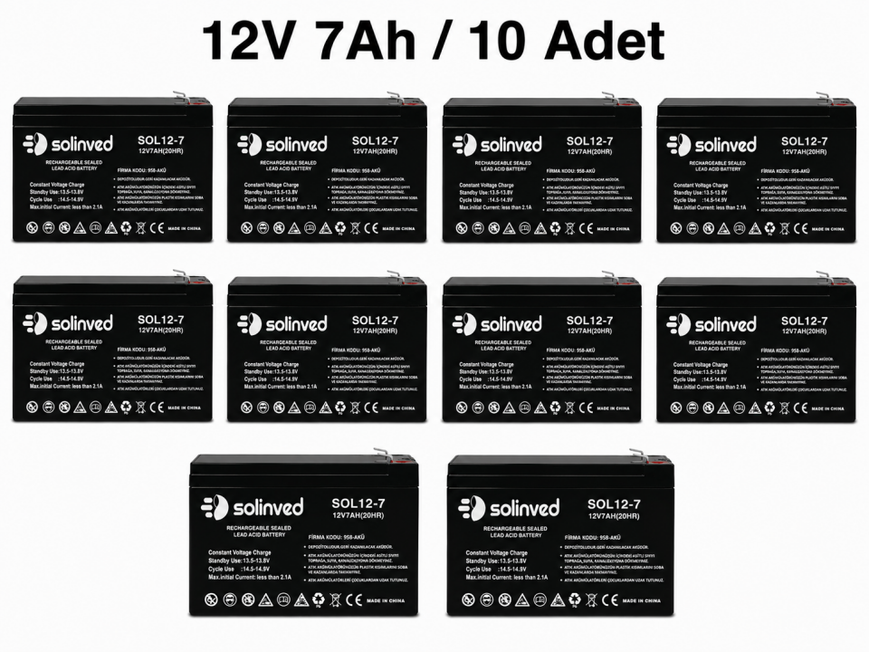 Solinved 12V 7Ah Kuru Tip Akü 10’lu Paket