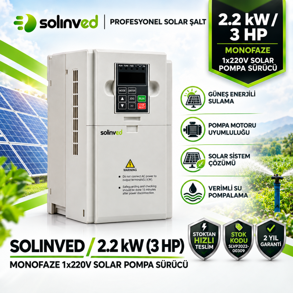 Solinved 2.2 kW 3 HP Monofaze 1x220V Solar Pompa Sürücü