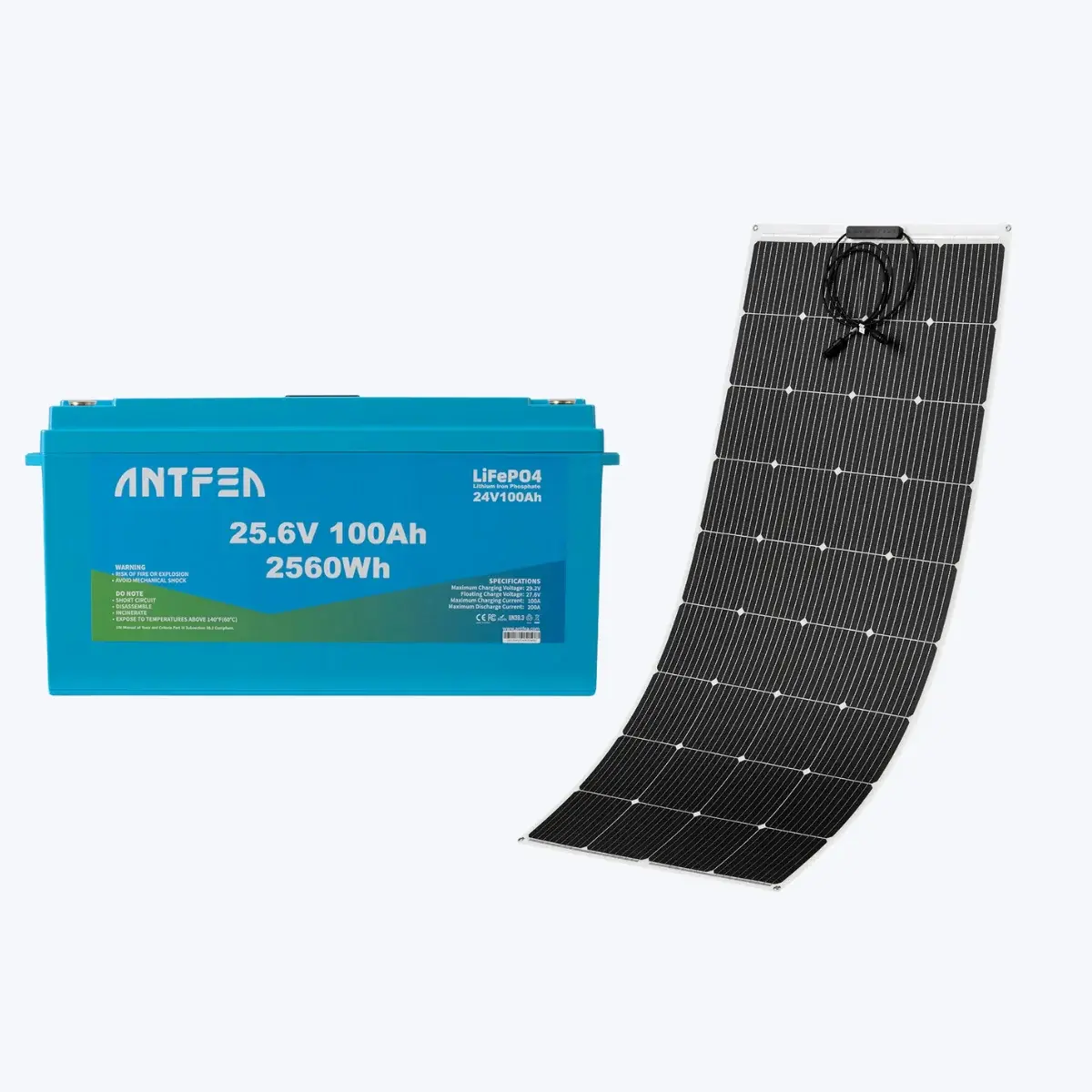 ANTFEA 25.6V 100Ah ABS Lityum Akü LiFePO4 + 200W Esnek Güneş Paneli