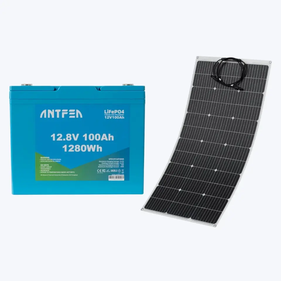 ANTFEA 12.8V (12V) 100Ah Mavi ABS Akü + 100W esnek Güneş paneli