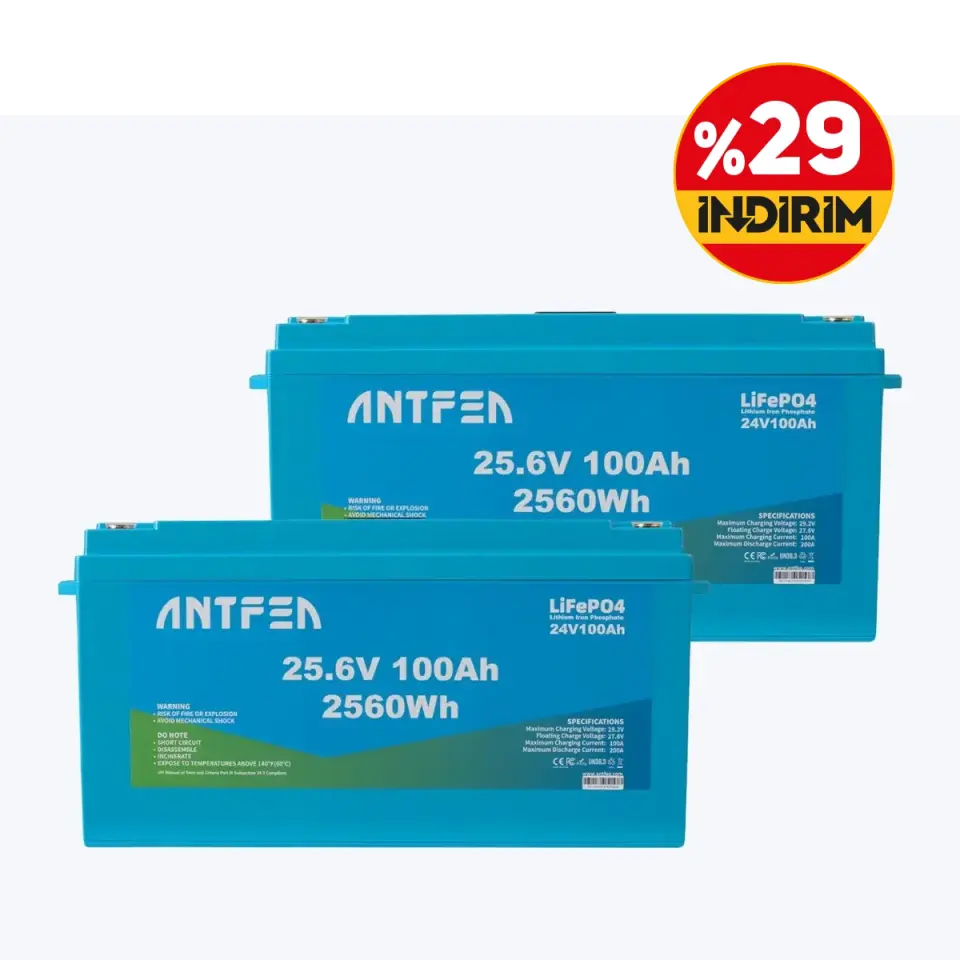Antfea 25.6V 100Ah ABS Lityum Akü Akıllı Ekran Bluetooth LiFePO4 – 2 Adet