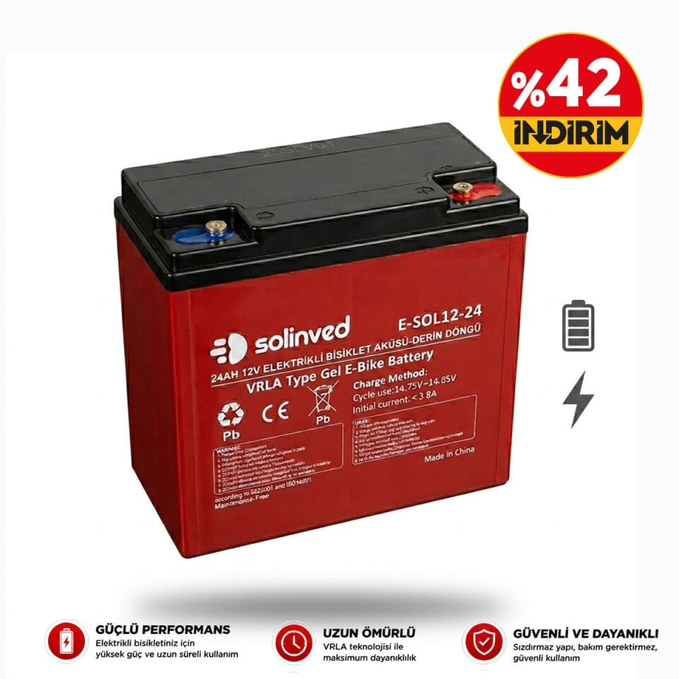 Solinved 12V 24Ah VRLA Tip Elektrikli Bisiklet Aküsü Premium