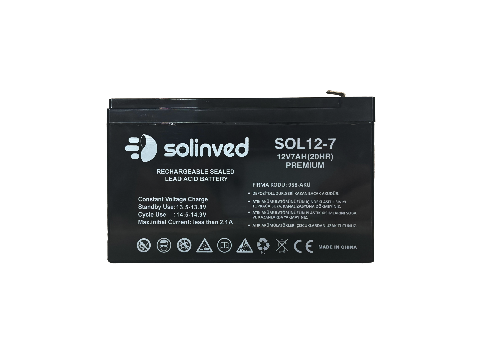 Solinved 12V 7 AH Ups Ve Alarm Aküsü (Premium)
