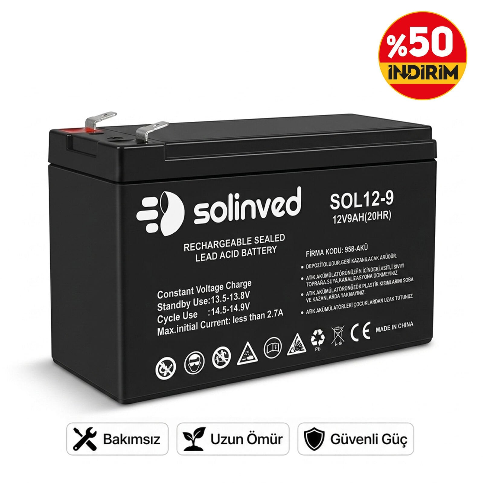 Solinved 12V 9AH Kuru Tip Akü